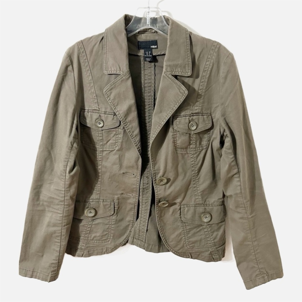 H&M Cotton Blend Blazer Utility Cargo Chore Jacket Pocket Notch Lapel Army Green